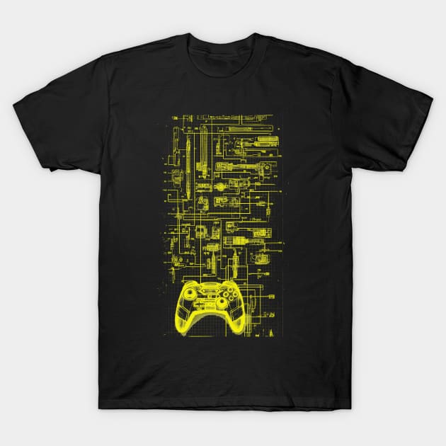 Neon Yellow Video Game Controller Blueprint T-Shirt by Trip Tank